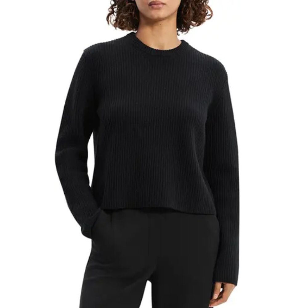 Theory Boxy Long Sleeves Felted Wool Cashmere Rib Sweater in Black Size L $425 - Picture 3 of 16